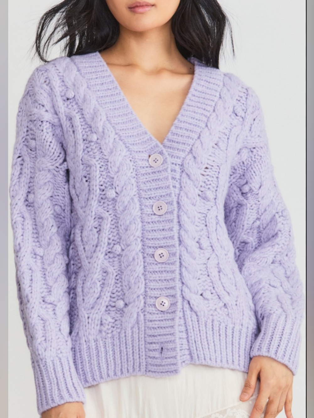LoveShackFancy Alpaca-Blend Lilac Cable-Knit V-Neck Cardigan